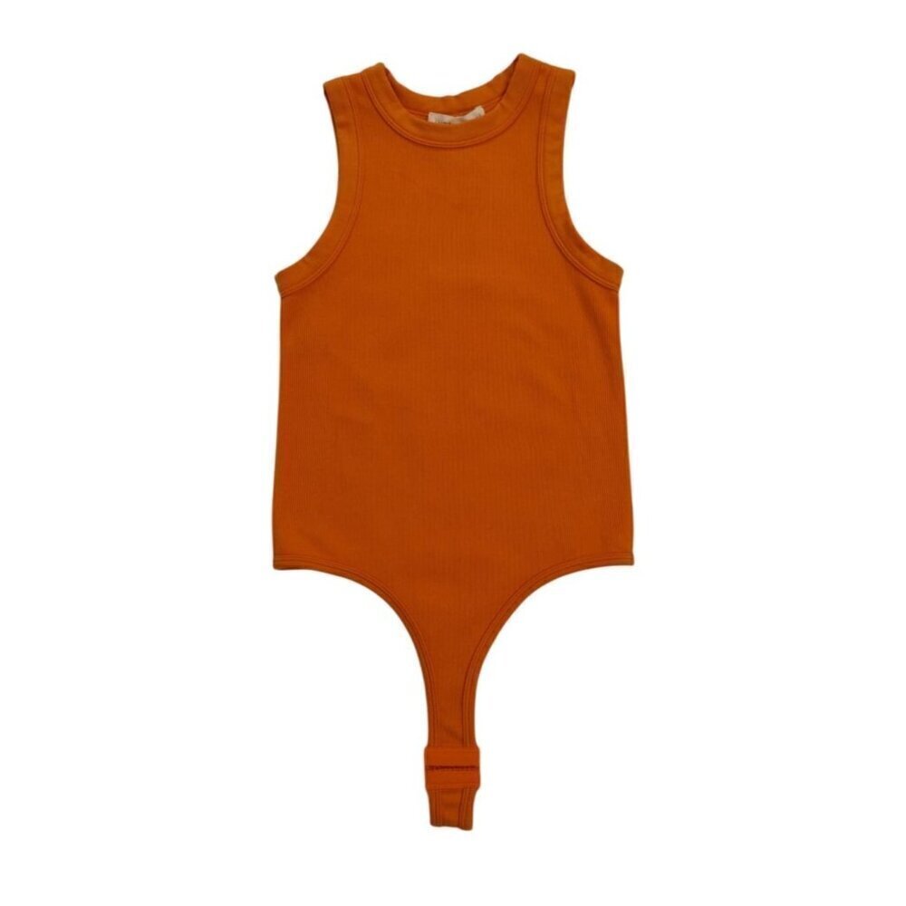 Happily Grey Orange Ribbed Sleeveless Bodysuit S/M Snap Closure Womens Apparel